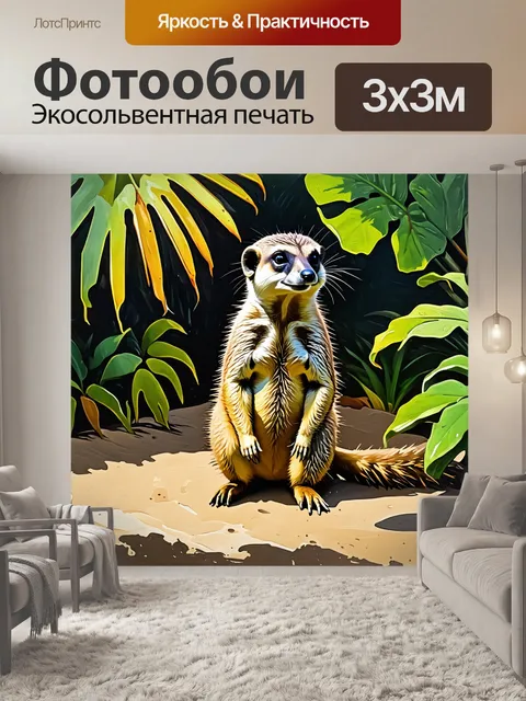 Фотообои сурикат, исследующий свою территорию среди тропических растений в зоопарке