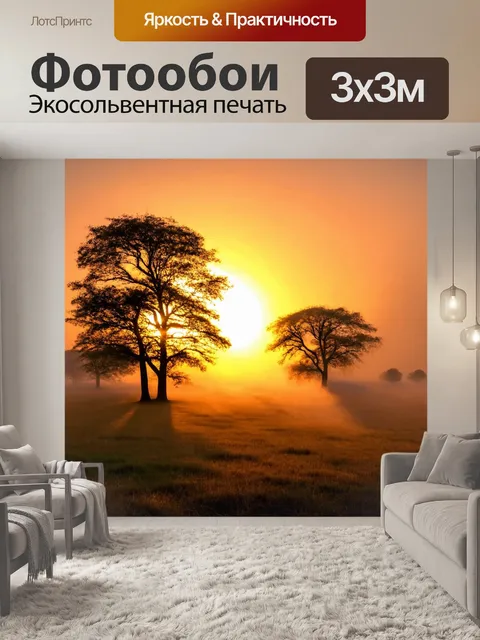 Фотообои туман в стиле экспрессионизм, с силуэтами деревьев на фоне яркого заката, погруженных в туман