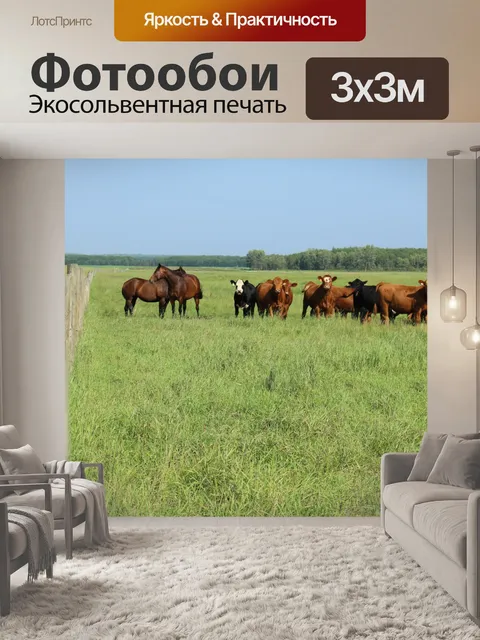 Фотообои Стадо коров и лошадей пастбищ