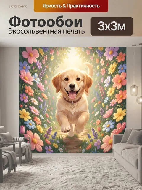 Фотообои Щенок в цветочном тоннеле