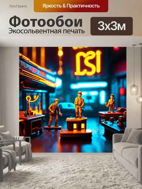 Фотообои в стиле неоновый с изображением кин кино с неоновыми огнями и миниатюрами