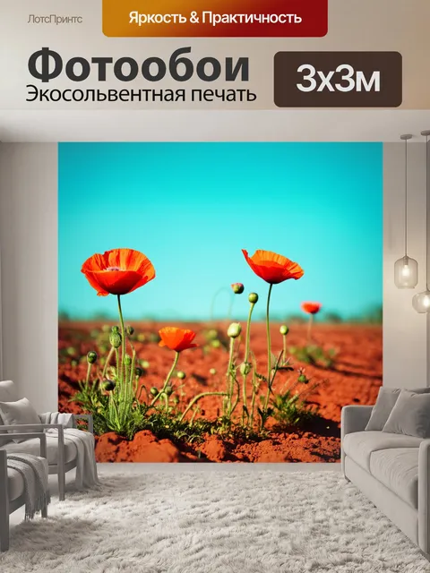 Фотообои маки, растущие на красной земле, с яркими цветами на фоне голубого неба