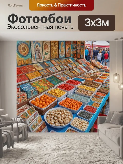 Фотообои город в стиле мозаика, уличные ярмарки с местными продуктами и сувенирами