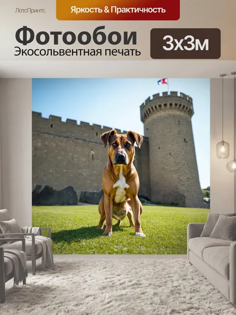Фотообои пес, поставленный на фоне старинного замка