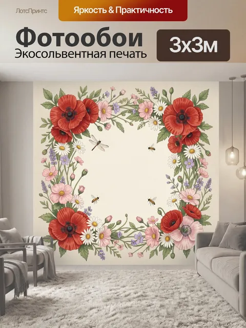 Фотообои Цветочная рамка с маками и ромашками
