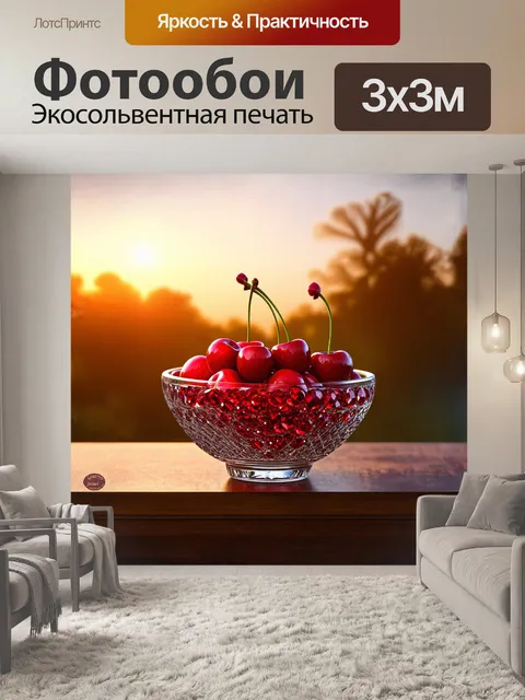 Фотообои вишня, собранная в изобилии в кристаллической чаше, сверкает как драгоценности под ярким светом