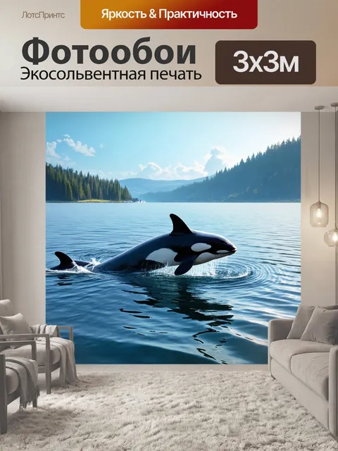 Фотообои животные в стиле тонализм, косатки, поднимающиеся из воды, нежные текстуры воды и света