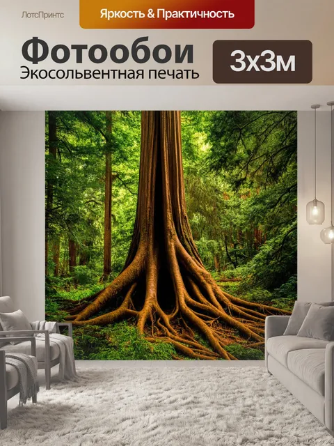 Фотообои древний лес с огромными деревьями, могучие корни, свет пробивается сквозь листву, образы дикой природы