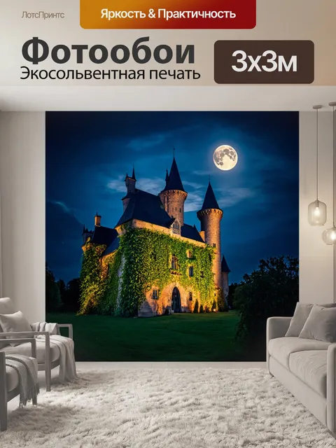 Фотообои ночь в стиле романтизм, утопающий в тайне и романтике замок с лианами, покрытый лунным светом
