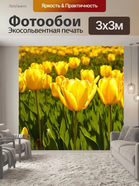 Фотообои обилие желтых тюльпанов на фоне зеленого луга, создающих гармонию природы