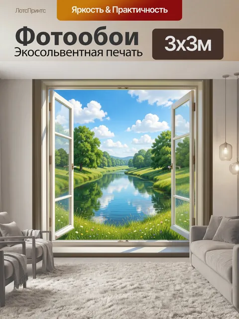 Фотообои Пейзаж с рекой и окнами