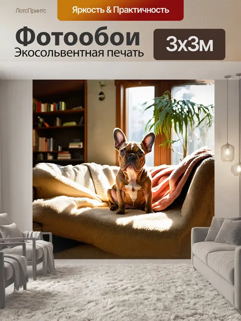 Фотообои французский бульдог, спокойно сидящий на уютном диване с ярким пледом, окруженный солнечными лучами…