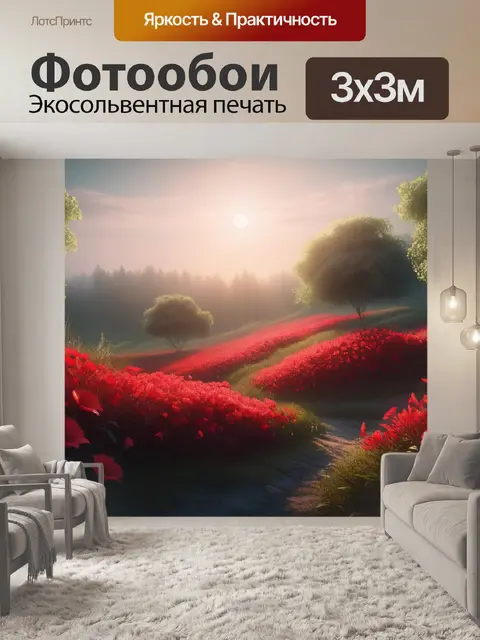 Фотообои пейзаж с красными цветами красивый