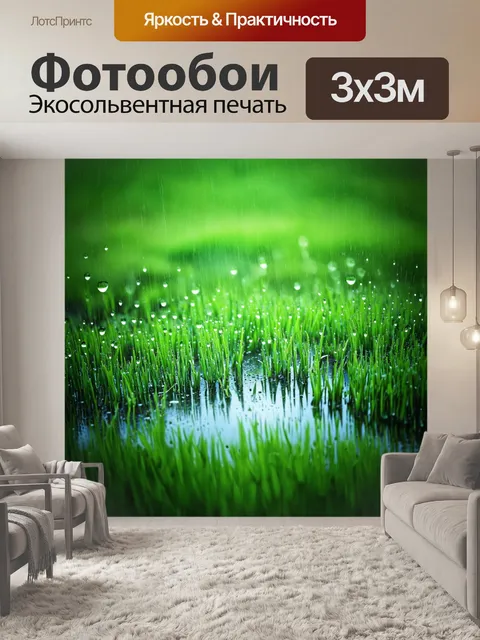 Фотообои поле, залитое дождем, где капли воды образуют маленькие озера среди трав