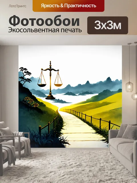 Фотообои пейзаж, где светящийся путь ведет к весам правосудия, выполненный в стиле китайской живописи