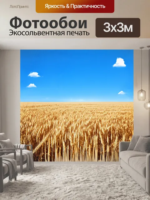 Фотообои бесконечное поле пшеницы, ряды колосьев тянутся в даль, синее небо с белыми облаками создает чувство свободы