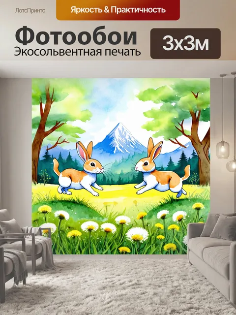 Фотообои зайцы, прыгающие по одуванчикам в лесу на фоне гор, созданные в технике акварели с нежными и прозрачными…