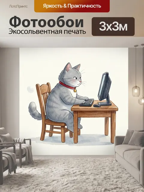 Фотообои Кот за компьютером за столом