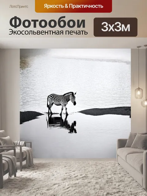 Фотообои на берегу спокойного озера, зебра медленно подходит к водной поверхности, чтобы утолить жажду