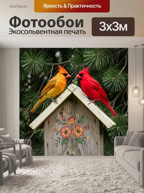Фотообои Две яркие птицы на скворечнике