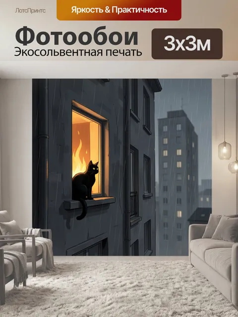 Фотообои Черный кот у окна в дождь