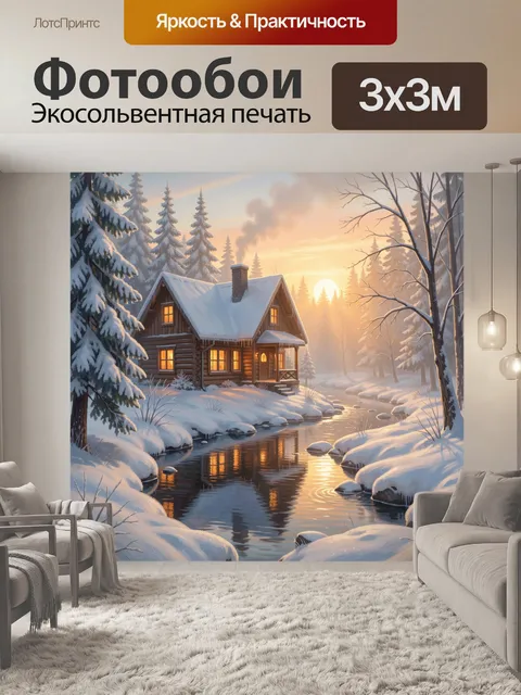 Фотообои Зимний дом у лесной реки