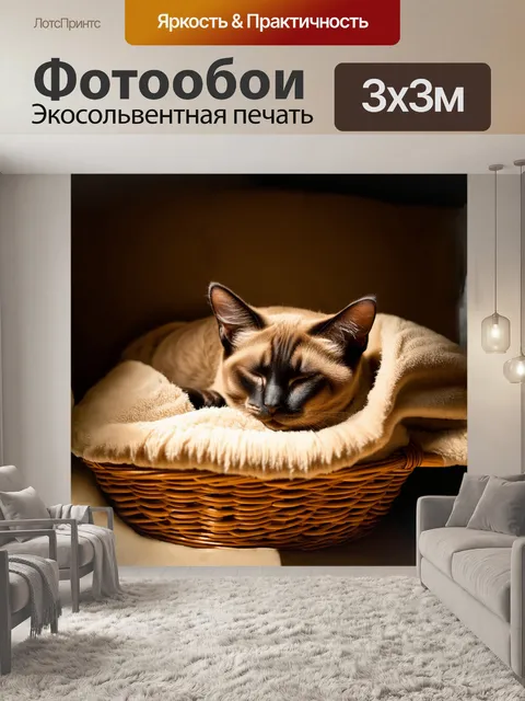 Фотообои сиамский кот с густой шерстью, сверкающей как шелк, мирно спит в уютной корзине, окружённый мягкими пледами