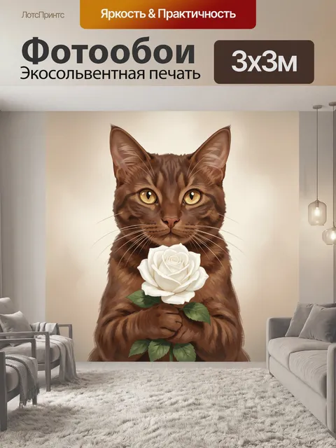 Фотообои Кот с белой розой