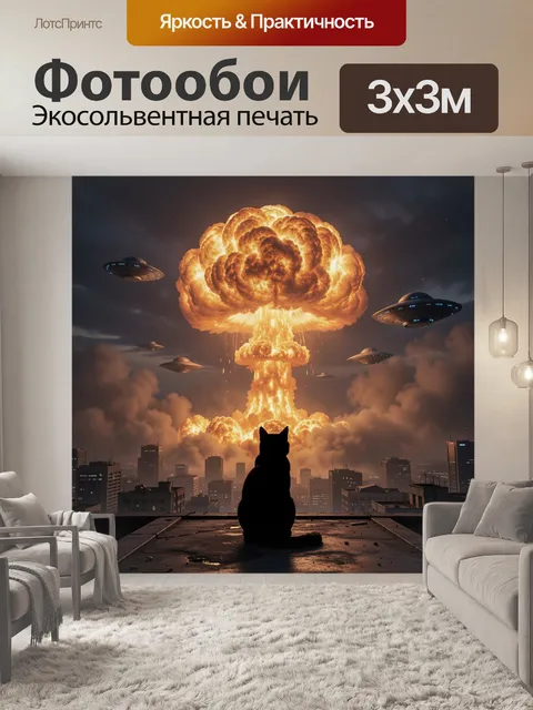 Фотообои Черный силуэт сидящего кота на крыше или балконе на переднем плане