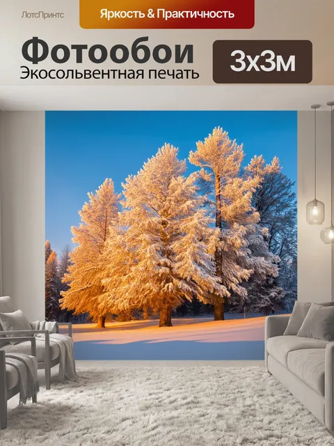 Фотообои деревья с белыми шапками снега, освещенные зимним солнцем во время золотого часа