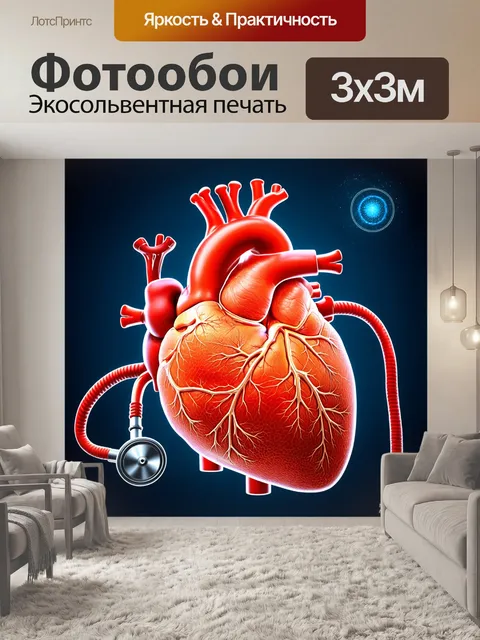 Фотообои микроскопическое изображение сердца и стетоскопа, выполненное в научном стиле