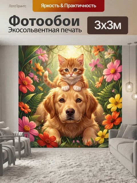 Фотообои Щенок и котёнок в цветущем саду
