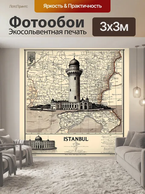 Фотообои старинная карта стамбула с изображением девичьей башни в стиле графики ручной работы