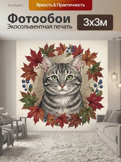 Фотообои Осенний кот в листве