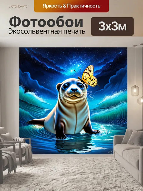Фотообои тюлень, держащий морское мотылька на носу, на фоне волшебной ночи с яркими звездами