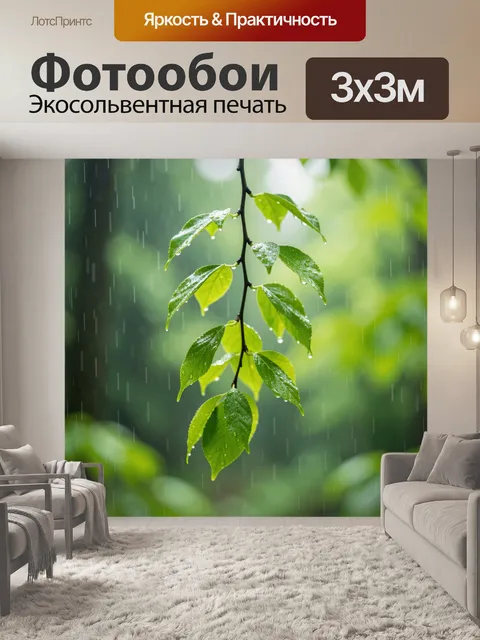Фотообои Зеленая ветка под дождем