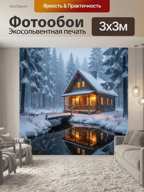 Фотообои Уютный дом в зимнем лесу