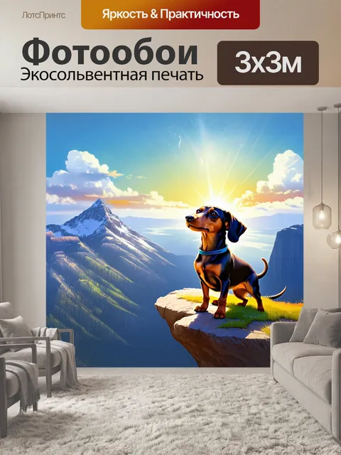 Фотообои на фоне горного пейзажа длинношерстная такса, стоящая на вершине скалы, смотрит на далёкие горизонты