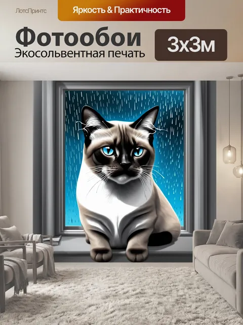 Фотообои сиамская кошка, наблюдающая за дождем, падающим за окном