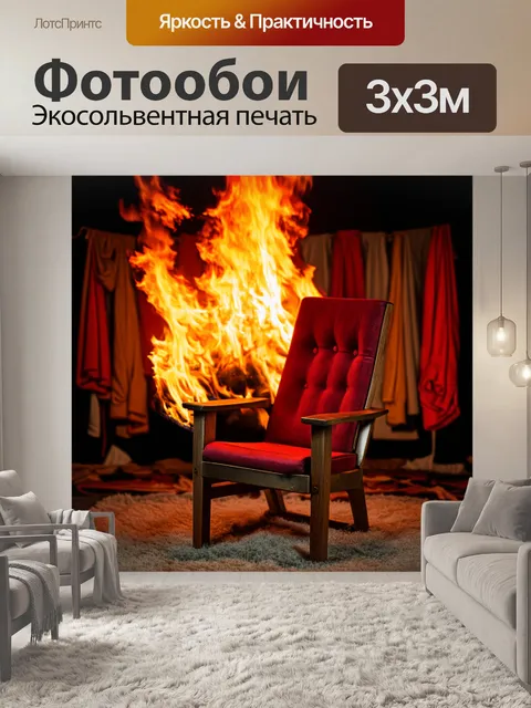 Фотообои деревянный красный стул, горящий в огне, на фоне импортных тканей, создающих интересный контраст