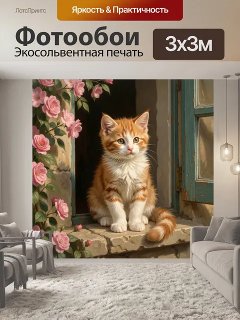 Фотообои Рыжий котенок у окна с цветами