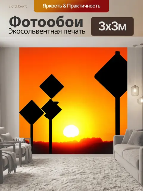 Фотообои силуэты дорожных знаков на фоне яркого заката