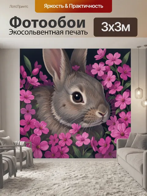 Фотообои Зайчонок среди розовых цветов