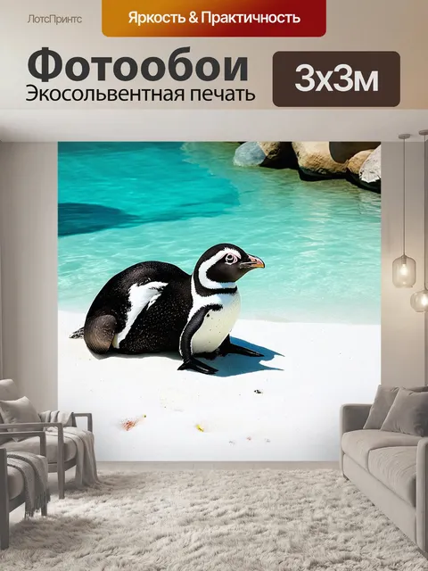 Фотообои пингвин, отдыхающий на пляже зоопарка, в окружении белого песка и прозрачной воды