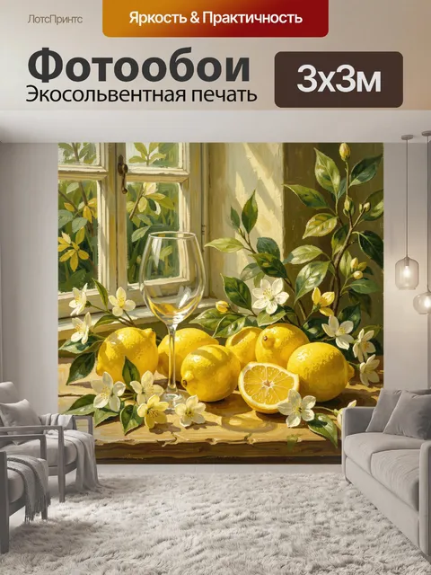 Фотообои Лимоны, бокал и цветущие ветви