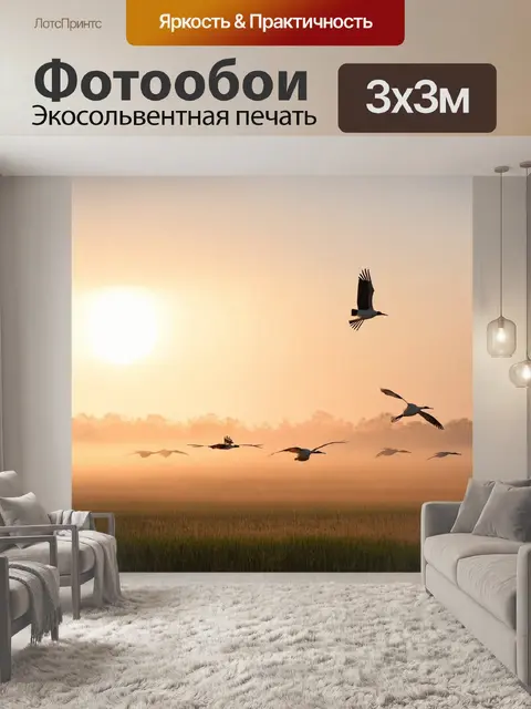 Фотообои природа в стиле фотореализм, утренний туман над полями, с поднимающимся солнцем и парящими журавлями