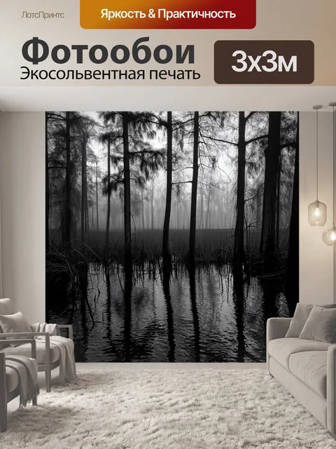 Фотообои черно-белый с болотом, где деревья стоят как призраки во тьме, отражаясь в спокойной воде