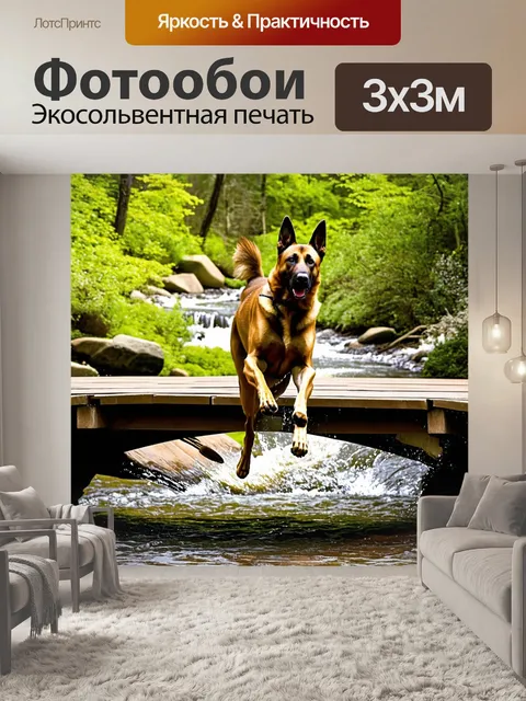 Фотообои изображение малинуа, падающего с деревянного моста через ручей в летний день