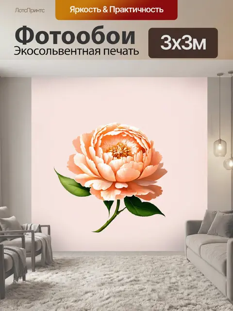 Фотообои в пастельных тонах, с применением аэрографической техники, пион изображён на минималистическом фоне…