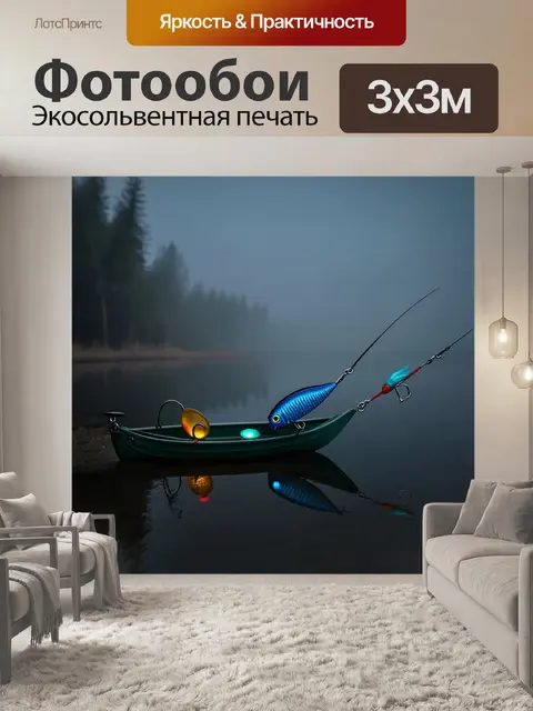 Фотообои мистический стиль: изобразите рыболовные принадлежности в тумане на берегу озера